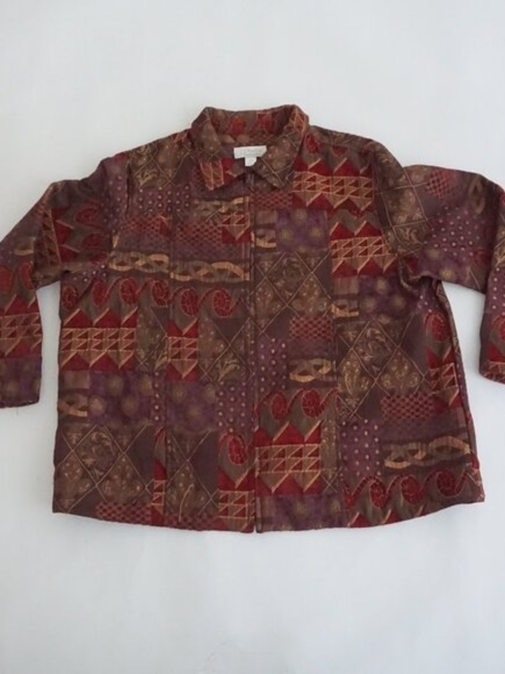 Abstract Geo Print Button-Up Jacket - Rust Red & Brown